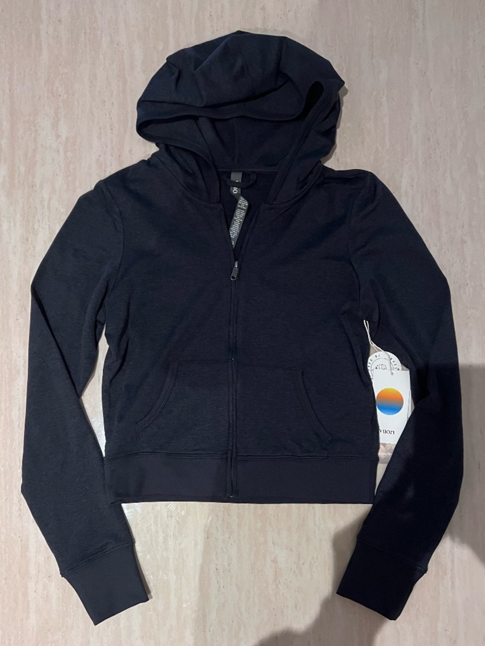NWT Vuori Halo Mini Full Zip Crop Hoodie Midnight Heather Navy and Black Size S